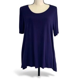 Lane Bryant Blouse 14/16 Navy Purple High Low Sheer Hem Plus Size Top